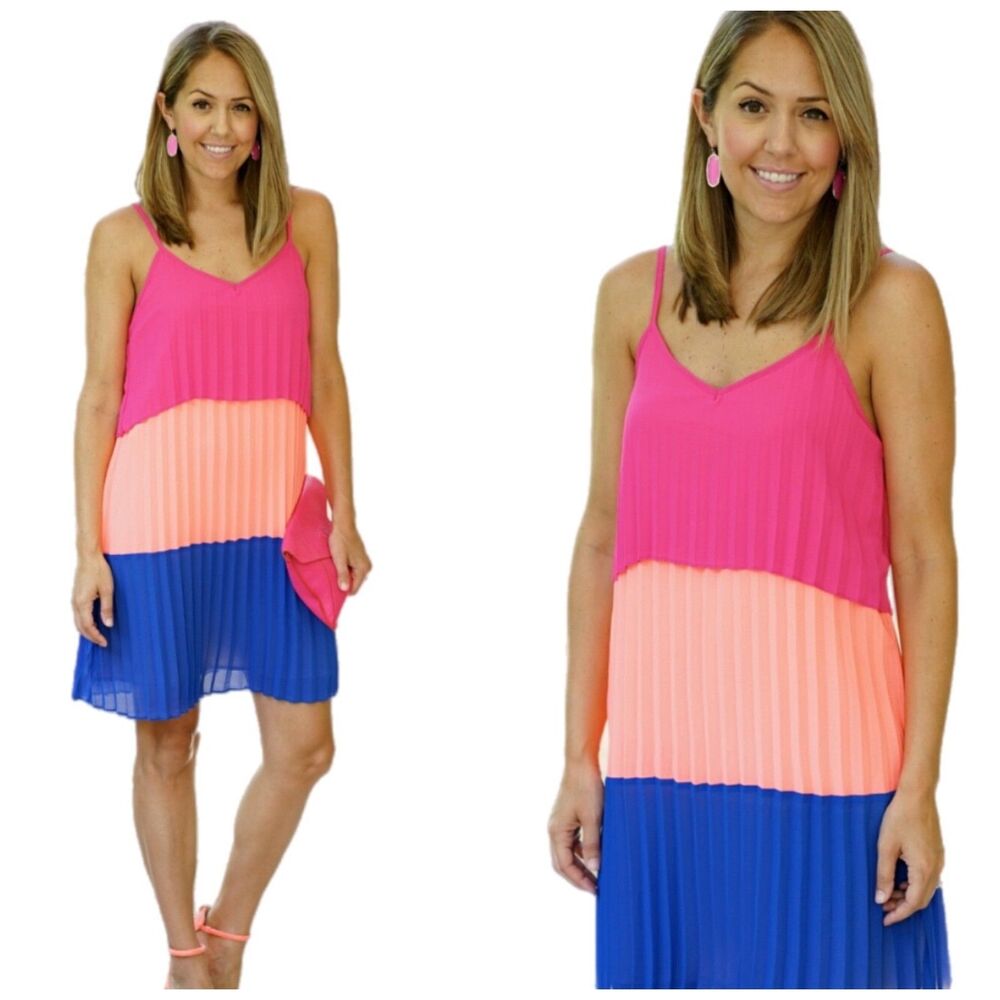 NWT Small tiered dress, Fuchsia, neon and cobalt - Picture 1 of 4